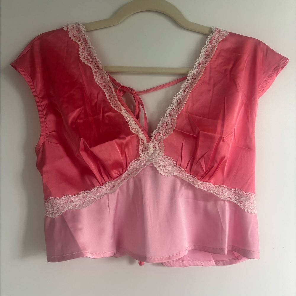 Pink Lace Satin Open Back Top